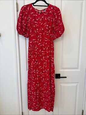 Old Navy Red Pink Floral Puff Sleeve Smocked Back Long Dress Size Medium